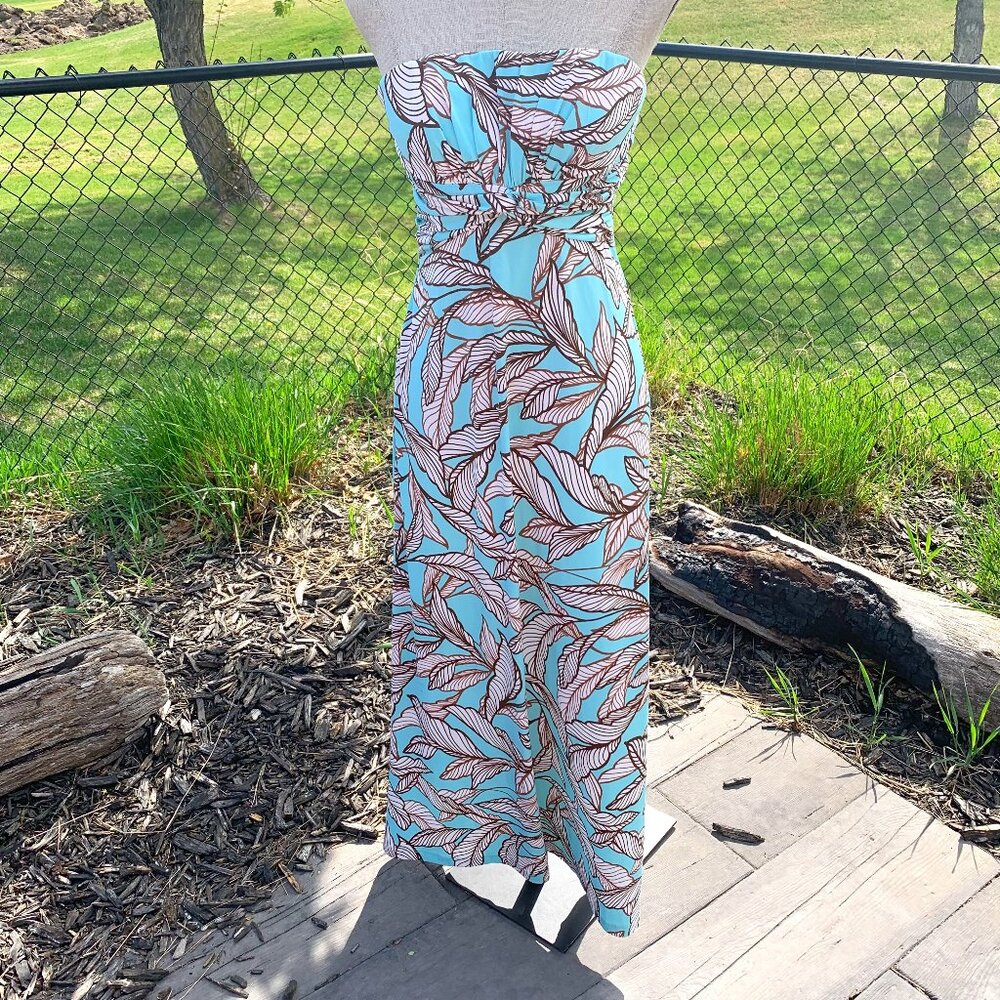 Vintage Y2K XOXO Strapless Jersey Knit Tropical Print Maxi Dress